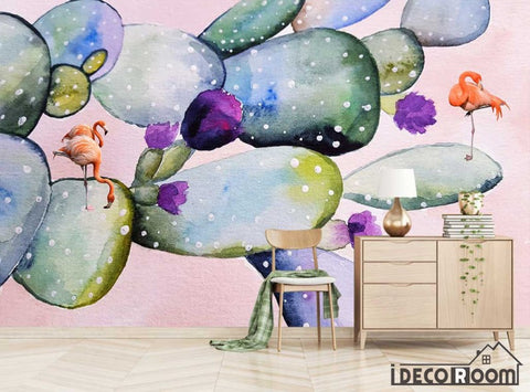 Image of watercolor cactus flamingo modern plant art wallpaper wall murals IDCWP-HL-000532