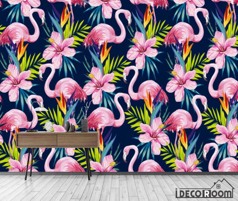 Image of European vintage abstract banana leaf flamingo wallpaper wall murals IDCWP-HL-000537
