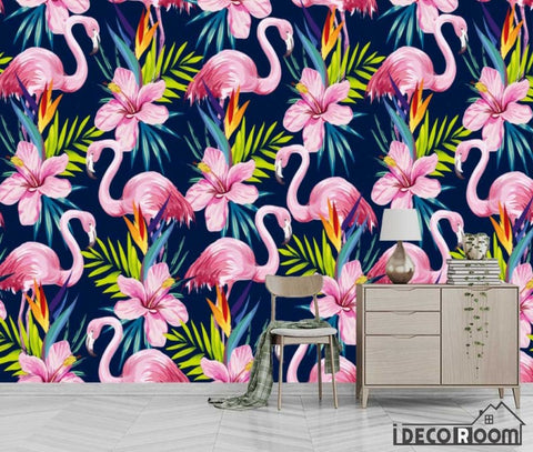 Image of European vintage abstract banana leaf flamingo wallpaper wall murals IDCWP-HL-000537