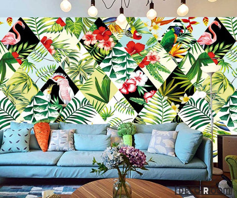 Image of Vintage Tropical Flamingo Parrot Parlor wallpaper wall murals IDCWP-HL-000541