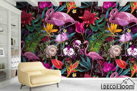 Image of Nordic plant flowers flamingo wallpaper wall murals IDCWP-HL-000542