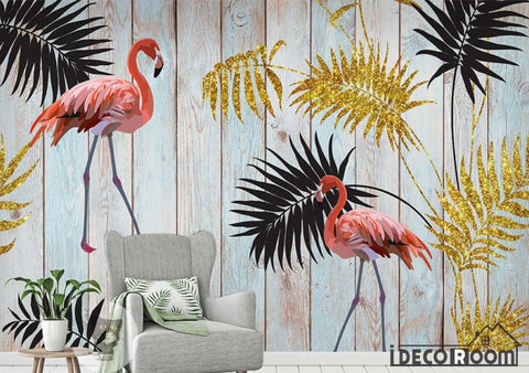 Image of tropical golden leaves flamingo wood wallpaper wall murals IDCWP-HL-000543