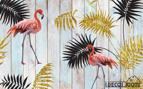 Image of tropical golden leaves flamingo wood wallpaper wall murals IDCWP-HL-000543