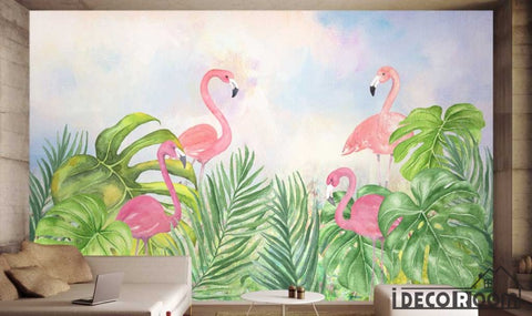 Image of Nordic plant green leaf flamingo wallpaper wall murals IDCWP-HL-000544