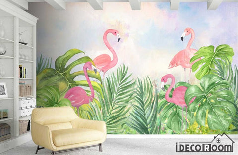 Image of Nordic plant green leaf flamingo wallpaper wall murals IDCWP-HL-000544