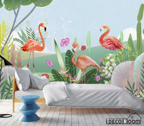 Image of Simple flamingo plant feathers Nordic wallpaper wall murals IDCWP-HL-000551