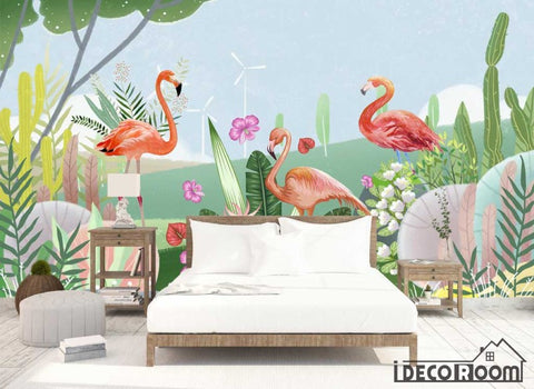 Image of Simple flamingo plant feathers Nordic wallpaper wall murals IDCWP-HL-000551