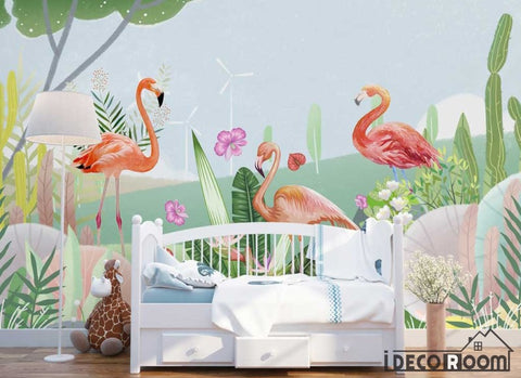 Image of Simple flamingo plant feathers Nordic wallpaper wall murals IDCWP-HL-000551