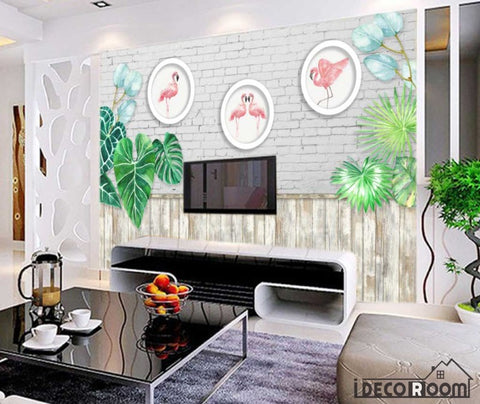 Image of European flamingo wood planks green leave wallpaper wall murals IDCWP-HL-000566