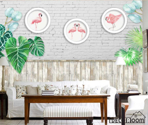 Image of European flamingo wood planks green leave wallpaper wall murals IDCWP-HL-000566