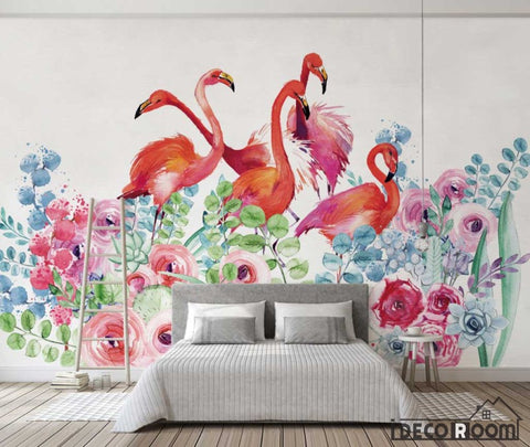 Image of Nordic watercolor floral flamingo wallpaper wall murals IDCWP-HL-000571
