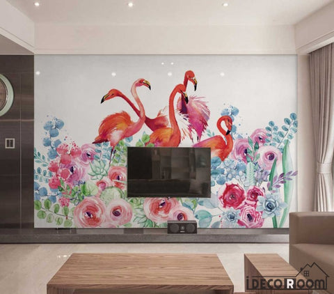 Image of Nordic watercolor floral flamingo wallpaper wall murals IDCWP-HL-000571