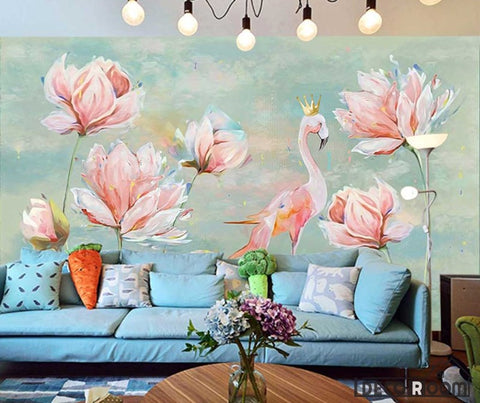 Image of Nordic minimalist floral flamingo wallpaper wall murals IDCWP-HL-000578