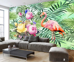 Nordic watercolor green leaf flower flamingo wallpaper wall murals IDCWP-HL-000582