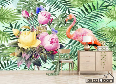 Image of Nordic watercolor green leaf flower flamingo wallpaper wall murals IDCWP-HL-000582