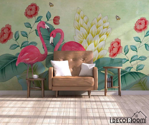 Image of Nordic watercolor flamingo floral butterfly wallpaper wall murals IDCWP-HL-000584