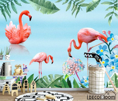 Image of Nordic minimalist tropical leaves flamingo wallpaper wall murals IDCWP-HL-000585