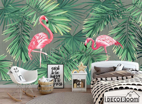 Image of European vintage plant banana leaf flamingo wallpaper wall murals IDCWP-HL-000588