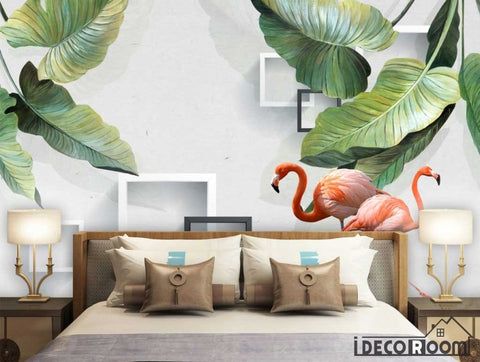 Image of Nordic tropical plant banana leaf flamingo wallpaper wall murals IDCWP-HL-000597