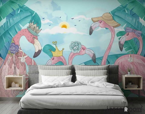 Image of Scandinavian tropical plant flamingo wallpaper wall murals IDCWP-HL-000604