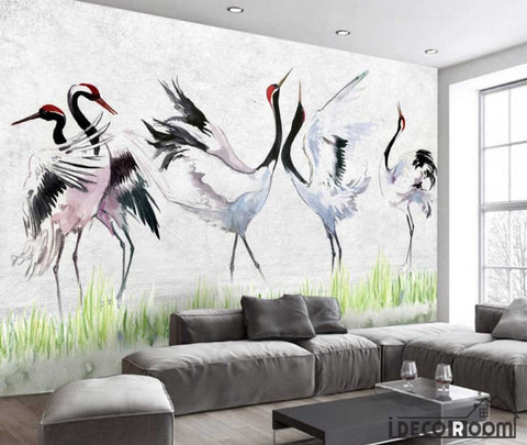 Image of Nordic red-crowned crane leaves wallpaper wall murals IDCWP-HL-000614