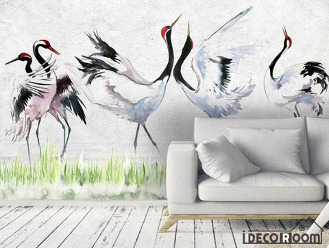 Image of Nordic red-crowned crane leaves wallpaper wall murals IDCWP-HL-000614