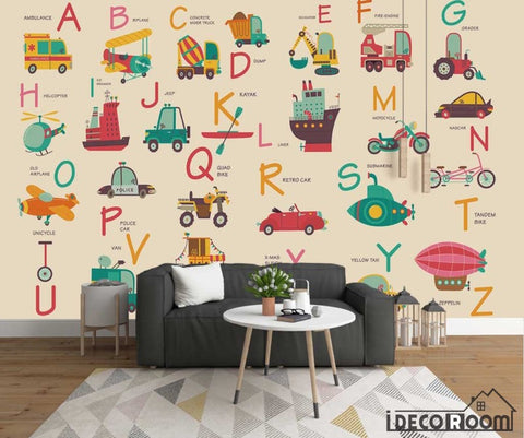 Image of Nordic Cartoon Vehicle 26 Letter Theme wallpaper wall murals IDCWP-HL-000641
