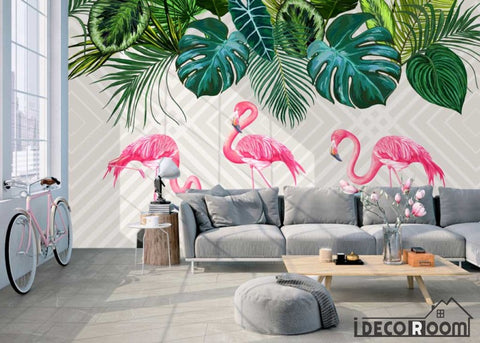 Image of Nordic simple rainforest banana leaf flamingo wallpaper wall murals IDCWP-HL-000642