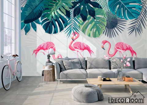 Image of Nordic simple rainforest banana leaf flamingo wallpaper wall murals IDCWP-HL-000643