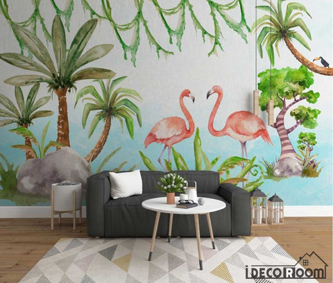 Image of Nordic minimalist cartoon animal flamingo plant wallpaper wall murals IDCWP-HL-000647