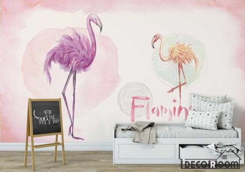 Image of Pink tropical watercolor flamingo flowers birds wallpaper wall murals IDCWP-HL-000648