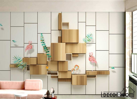 Image of 3d wood flamingo wallpaper wall murals IDCWP-HL-000654