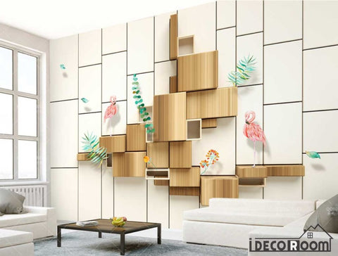Image of 3d wood flamingo wallpaper wall murals IDCWP-HL-000654