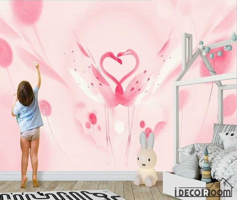 Image of Beautiful romantic pink swan flamingo children wallpaper wall murals IDCWP-HL-000658