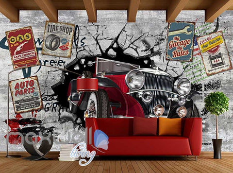Image of Red classic car vintage garage wall mural with auto signs