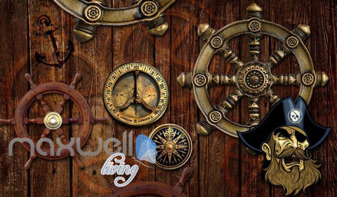Image of Pirate Ship Wheel Compass Travel Wood Art Wall Murals Wallpaper Decals Prints Decor IDCWP-JB-000030