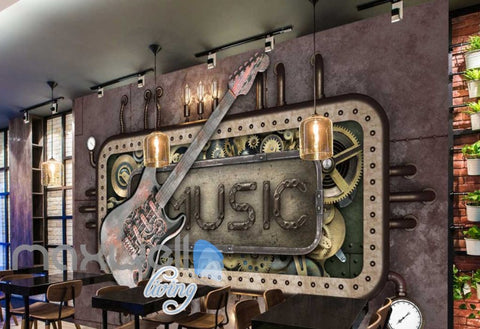 Image of Steam Punk Music Guitar Mural Metal Art Wall Murals Wallpaper Decals Prints Decor IDCWP-JB-000040