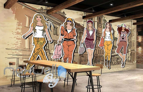 Image of Cute Girl Outfits In The City Drawing Art Wall Murals Wallpaper Decals Prints Decor IDCWP-JB-000065