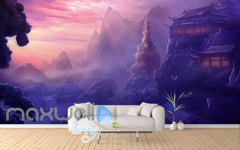 Image of Ancient Chinese House Sunset Mountains Art Wall Murals Wallpaper Decals Prints Decor IDCWP-JB-000160