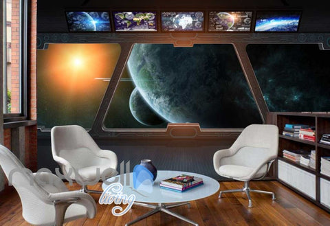 Image of Spaceship Window View Galaxy Moons Art Wall Murals Wallpaper Decals Prints Decor IDCWP-JB-000182