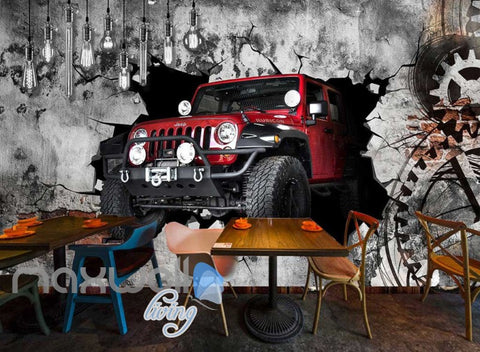 Image of Red Jeep Wall Breakthrough Art Wall Murals Wallpaper Decals Prints Decor IDCWP-JB-000190