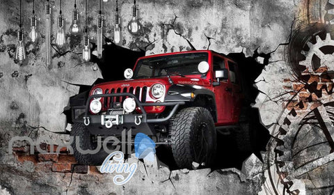 Image of Red Jeep Wall Breakthrough Art Wall Murals Wallpaper Decals Prints Decor IDCWP-JB-000190