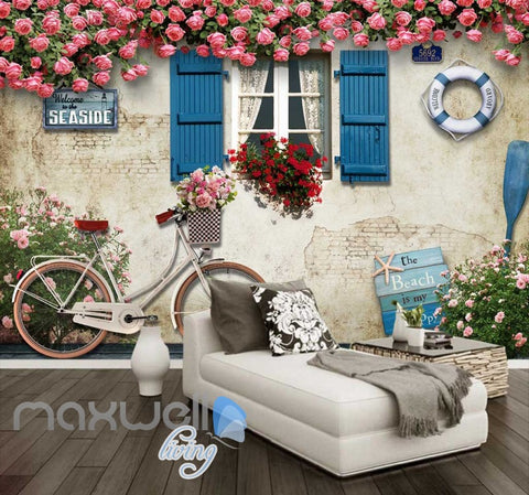 Image of Beach Seaside Bike Flowers Art Wall Murals Wallpaper Decals Prints Decor IDCWP-JB-000200