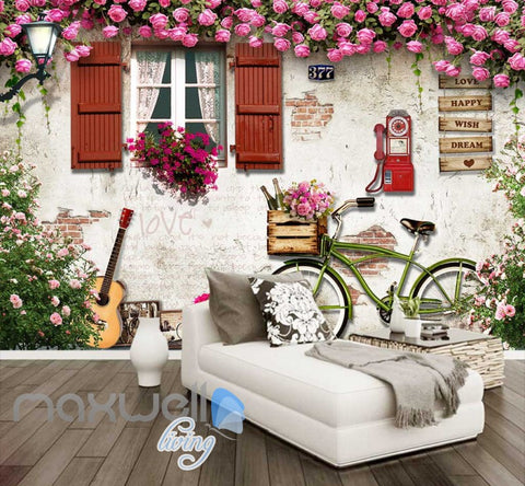 Image of View House Wall With Flowers Bycicle And Guitar Art Wall Murals Wallpaper Decals Prints Decor IDCWP-JB-000214