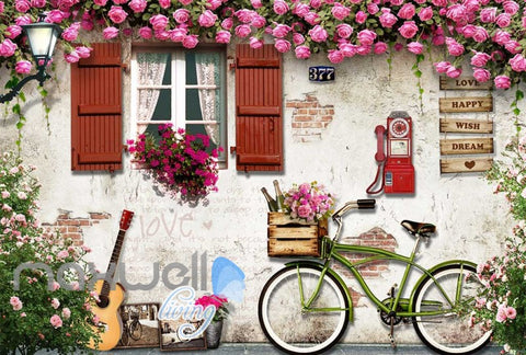 Image of View House Wall With Flowers Bycicle And Guitar Art Wall Murals Wallpaper Decals Prints Decor IDCWP-JB-000214