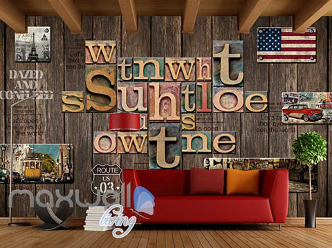 Image of Wood Wall With Metal Pictures Of Cities And Letters Art Wall Murals Wallpaper Decals Prints Decor IDCWP-JB-000216