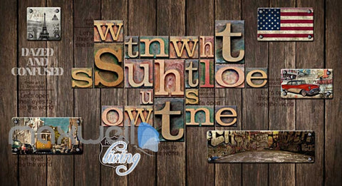 Image of Wood Wall With Metal Pictures Of Cities And Letters Art Wall Murals Wallpaper Decals Prints Decor IDCWP-JB-000216