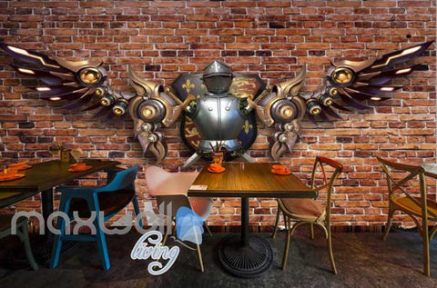 Image of Brick Wall With Medieval Metal Armour With Metal Modern Wings Art Wall Murals Wallpaper Decals Prints Decor IDCWP-JB-000233