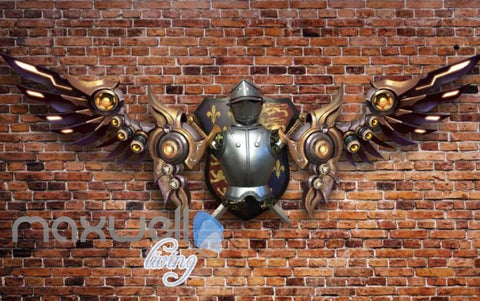 Image of Brick Wall With Medieval Metal Armour With Metal Modern Wings Art Wall Murals Wallpaper Decals Prints Decor IDCWP-JB-000233