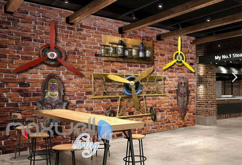 Image of Old Brick Wall With Airplane Helice And African Masks Art Wall Murals Wallpaper Decals Prints Decor IDCWP-JB-000235